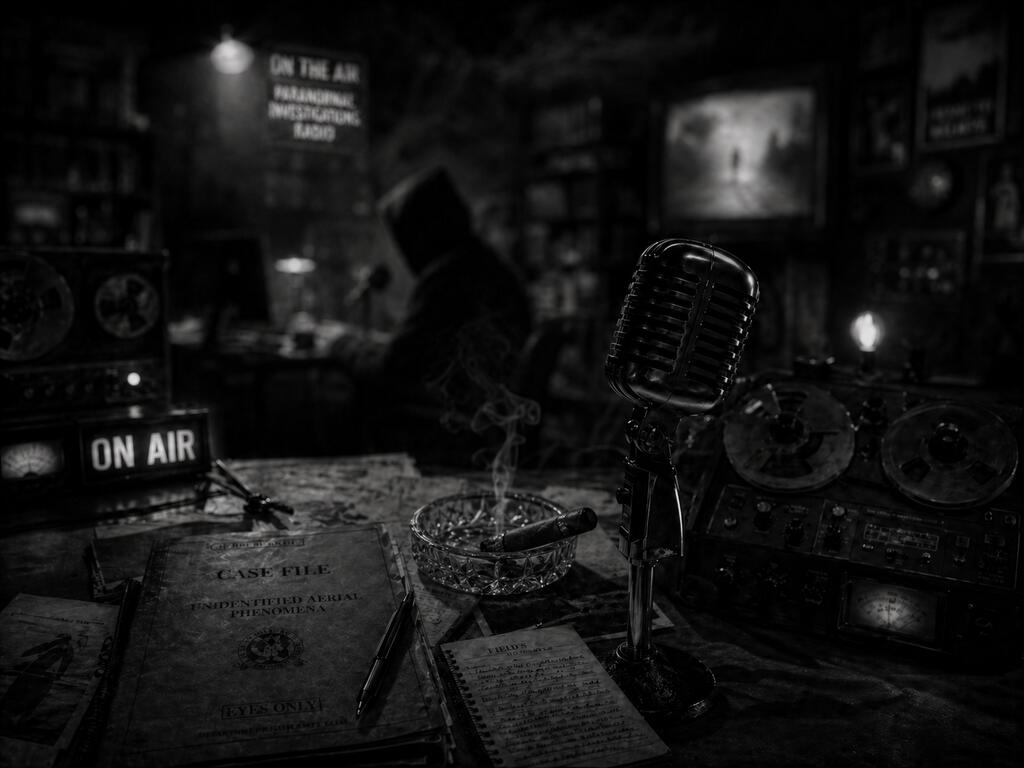Black and white noir studio with a hooded host blurred in the background and broadcast equipment in the foreground.
