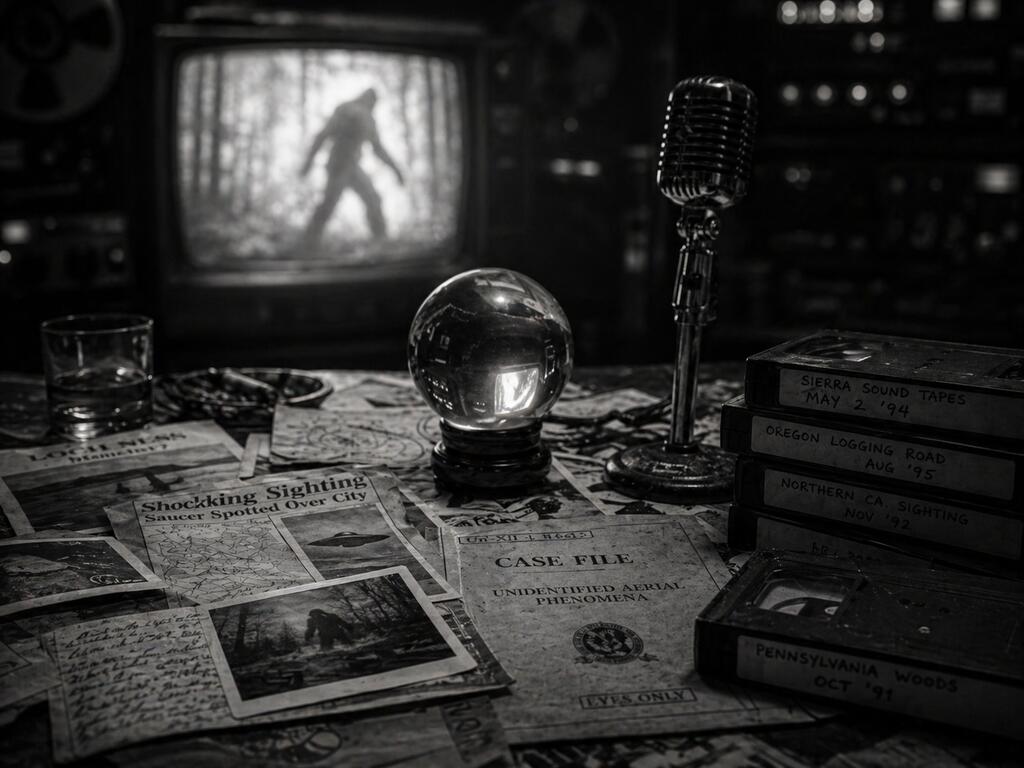 Old television showing Bigfoot footage in a black and white paranormal investigation studio.