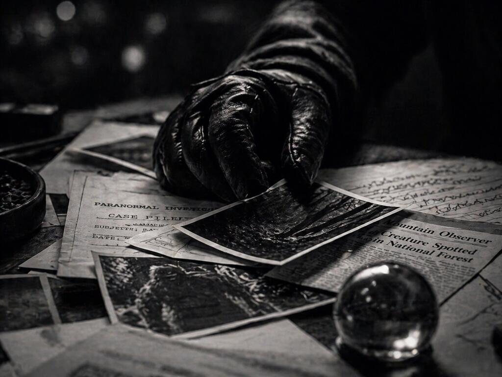 A clawed hand over paranormal investigation photographs and documents in black and white.