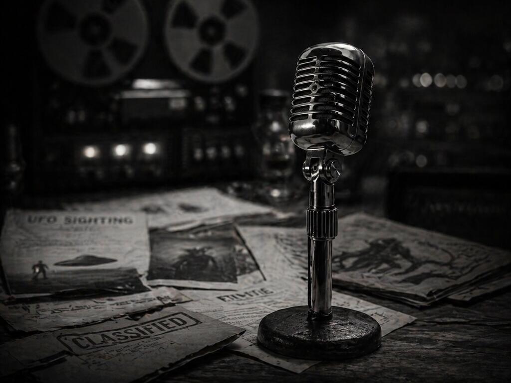 Black and white paranormal investigation table with a vintage microphone, case files, and bokeh background.